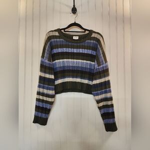 Le Lis Women's Green Blue Stripe Knit Crop Sweater Size XL Shorten Hem Flirty